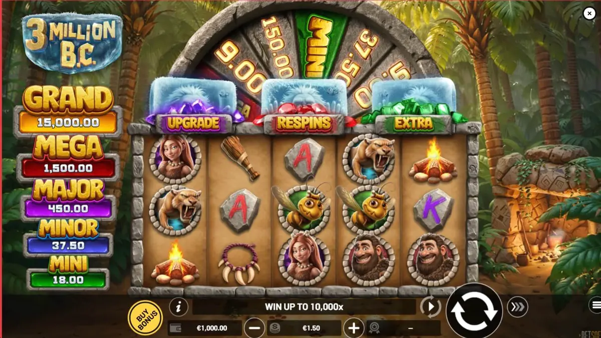 Tampilan visual slot 3 Million B.C. dengan tema zaman batu dan roda jackpot.