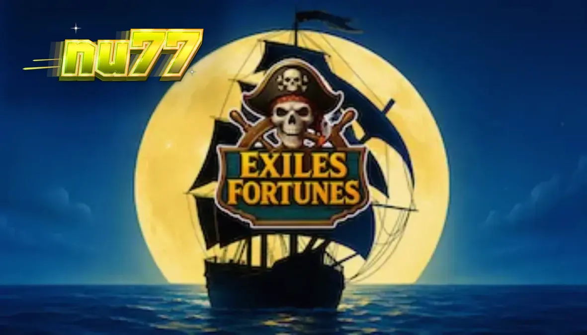 Tampilan visual slot Exiles Fortunes dengan tema bajak laut dan fitur roda keberuntungan.